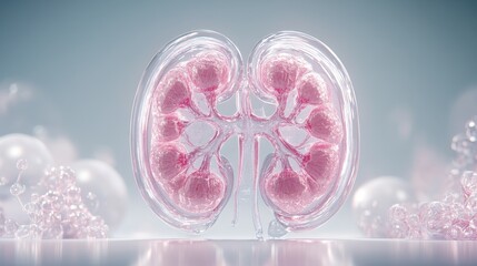 A pink and clear model of a kidney