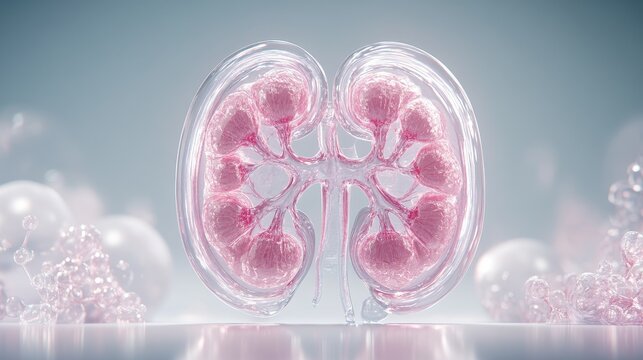 A pink and clear model of a kidney