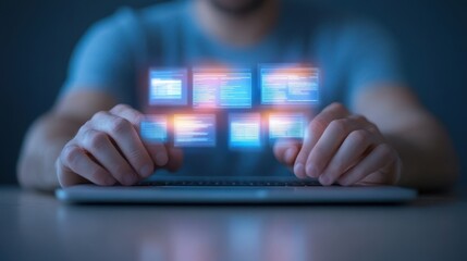 A man is holding a laptop and is typing on it