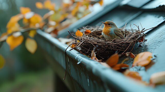 bird calmly sits in its nest on a roof gutter, surrounded by autumn leaves, symbolizing peace, home, and nature’s tranquility during the fall season.