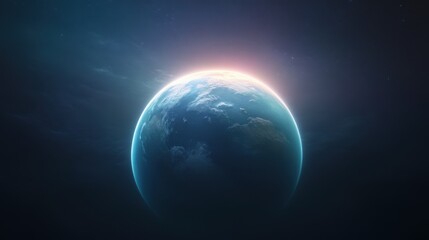 A blue planet in space with a bright orange sun in the background