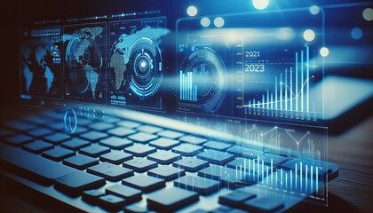 Close-up of a computer keyboard with a digital graphic overlay of graphs, numbers and world maps. This image represents advanced technology, data analysis, and global business, highlighting the inters