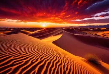 Naklejka premium stunning vibrant sunset illuminating expansive desert dunes rich colors textures, landscape, sky, orange, yellow, red, clouds, sand, expanse, light, nature