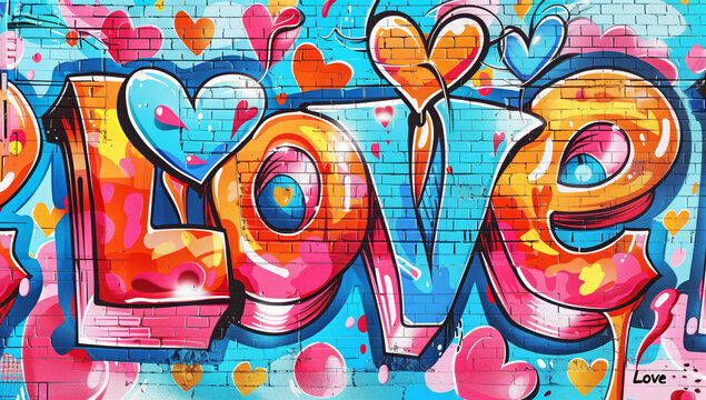 Word "Love" in a vibrant, romantic cartoon-style graffiti letters. Concept of lovable Valentine's Day or amorous love-themed projects