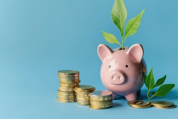 A piggy bank with coins and a plant next to it, generative ai image