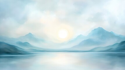 A beautiful mountain landscape with a large body of water in the foreground