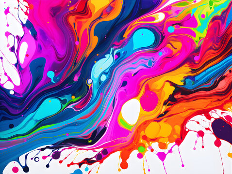 A captivating fluid abstract artwork showcasing vibrant and swirling patterns of colors including pink, blue, and orange, set against a contrasting black and white backdrop.