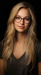 Fototapeta premium A blonde woman with glasses and long hair, dressed casually, smiles warmly against a dark background, exuding a relaxed and intellectual appearance.