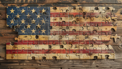 A jigsaw puzzle of the American flag. The puzzle is made of wood and has a rustic look