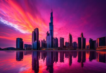 Fototapeta premium vibrant city skylines dawn featuring dynamic architectural structures multicolored horizon bright emerging sunlight, architecture, colorful, building, urban