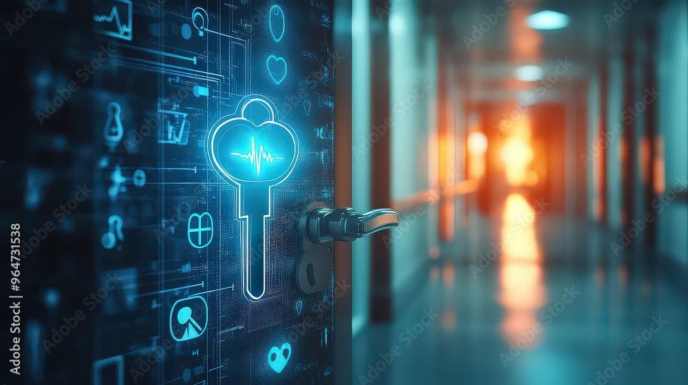 Wall mural digital heart key unlocking healthcare data on sleek glowing door in a hospital hallway, symbolizing