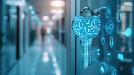 Close-up of a digital heart-shaped key unlocking health data in a modern hospital, symbolizing secure access and the relationship between healthcare and technology advancement.