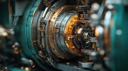 Obraz premium Close-up of a detailed engine mechanism with golden components and intricate parts. The image highlights industrial machinery and mechanical engineering precision