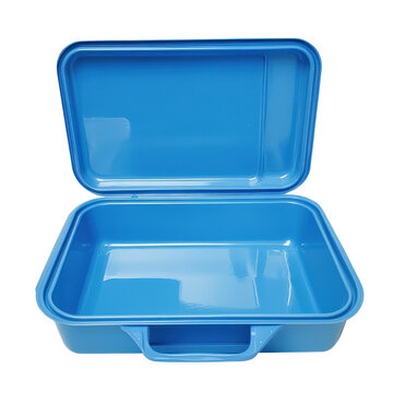 A vibrant blue lunch box with an open lid, showcasing its spacious interior, perfect for meals on the go.