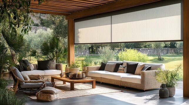  Expansive patio with roller shades and comfortable lounge seating. Greenery and natural light create a tranquil environment, perfect for leisure and connecting with nature.
