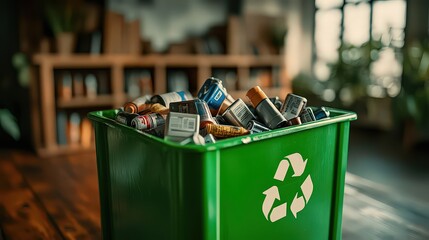  Green container labeled with a recycling symbol, filled with used batteries of various types, promoting safe disposal and environmental awareness for reducing hazardous waste.