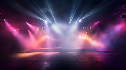 An extravagant stage featuring colorful beams and lighting effects, producing a mesmerizing visual experience that's perfect for any high-energy performance event.