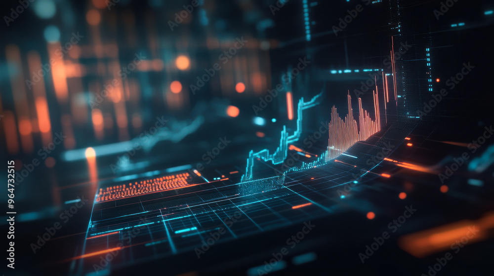 Poster abstract digital data visualization showing dynamic graphs and glowing elements in a tech-inspired d