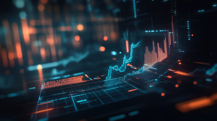 Abstract digital data visualization showing dynamic graphs and glowing elements in a tech-inspired design at nighttime
