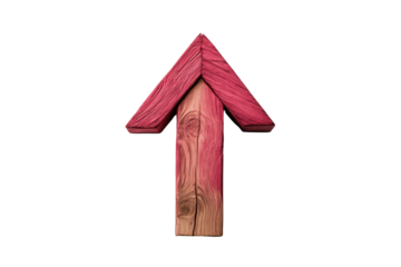 A wooden arrow symbol pointing upwards, crafted with a red hue. Ideal for representing growth, direction, or progress in designs.