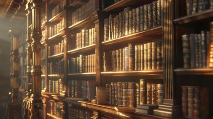 Obraz premium vintage library shelves stretching into infinity weathered leatherbound tomes with gilded spines warm ambient lighting casting long shadows across dusty wooden shelving