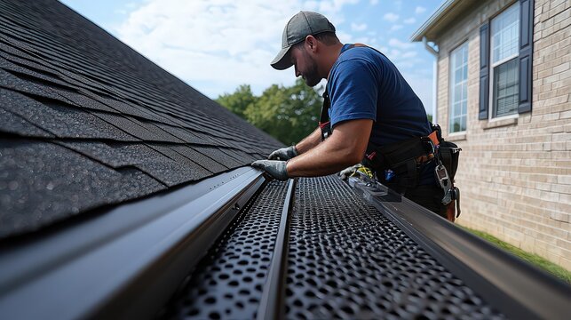  Workers installing seamless gutters on a newly renovated home, showcasing the sleek and modern appearance of the new gutter system, enhancing the home's functionality and design.