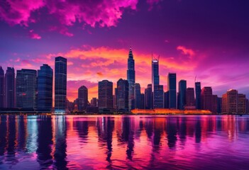 Fototapeta premium vibrant city skyline dusk illuminated bright lights colorful horizon, buildings, architecture, urban, landscape, illumination, night, view, scenery, sunset