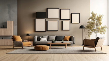 Modern living room interior featuring a gray sofa with pillows, wooden furniture, floor lamp, coffee table, framed wall art, potted plants, and natural lighting.