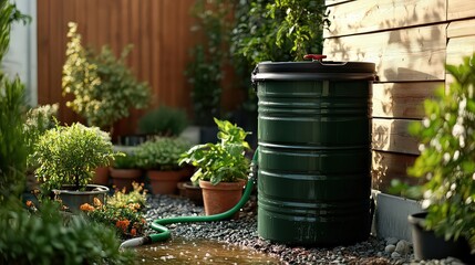 Rain barrel connected to a downspout, collecting water from gutters with a garden hose attached, promoting eco-friendly and sustainable garden watering.