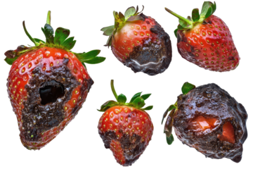 Close-up of rotten strawberries showcasing decay and mold, highlighting food waste and natural deterioration.
