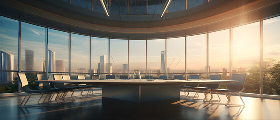 A futuristic round conference table in a sleek meeting room with panoramic windows, overlooking a modern city skyline at sunset, embodying innovation and productivity.