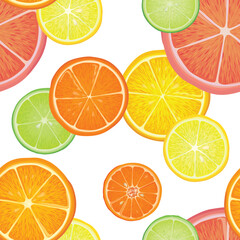 Fruits citrus Seamless pattern. Fresh slice orange, lemon, lime, grapefruit, mandarin pieces over white background. Realistic dessert food.