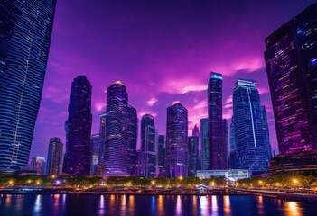 Naklejka premium stunning vibrant city skyline dusk illuminated glowing lights colorful nightscape, illumination, architecture, buildings, urban, horizon, landscape, view