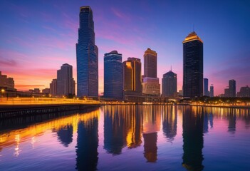 vibrant cityscapes dawn featuring vivid reflections water surfaces colorful urban landscape, architecture, buildings, citylights, cityview, cityvibes