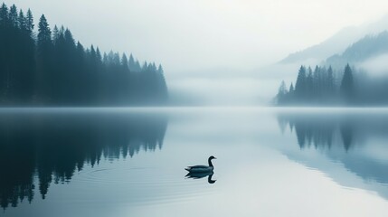 Naklejka premium A Single Goose Swimming in a Misty Lake Surrounded by Foggy Mountains
