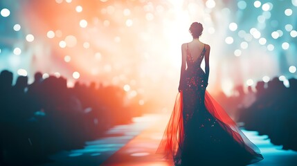 Fashion Model on Runway: A fashion model striking a confident pose on a runway, showcasing the latest couture.
