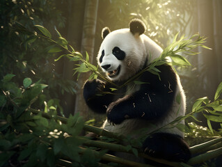 Adorable panda bear contentedly munching on bamboo in a lush, green forest environment, embodying tranquility and the beauty of wildlife in its natural habitat.