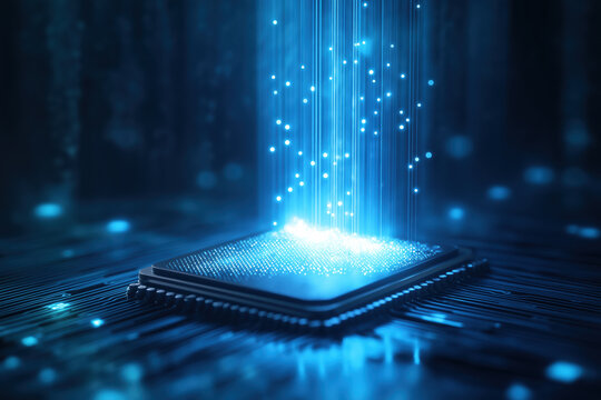 A computer chip is lit up in blue light