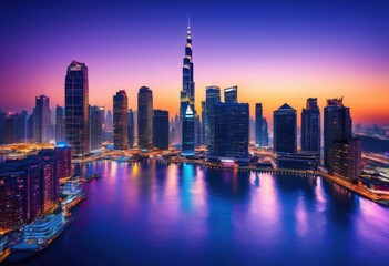 Fototapeta premium vibrant city skyline twilight glowing lights illuminating urban landscape, buildings, architecture, night, illumination, horizon, reflection, colorful, scenery