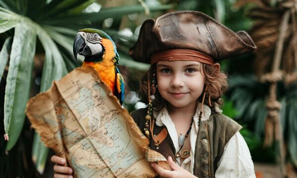 Little adventurer dressed as a pirate holds a treasure map and parrot in a lush garden