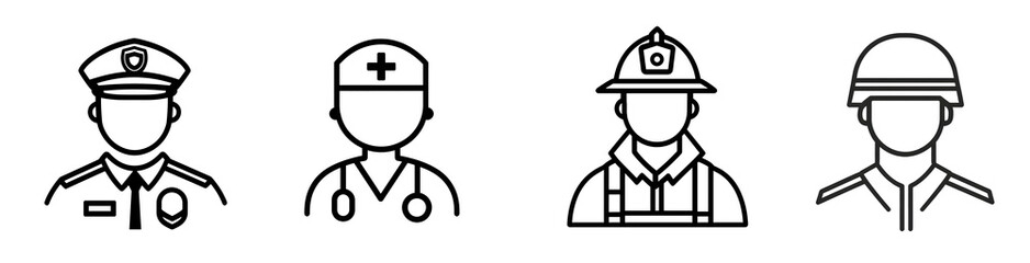 Heroes in Uniform: Simple line icons representing essential service professions - police, healthcare, fire department, and military. 