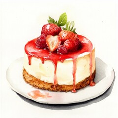 Watercolor Cheesecake Delight: A mouthwatering watercolor illustration of a creamy cheesecake topped with glistening red strawberry sauce and fresh berries. This charming image is perfect for food blo