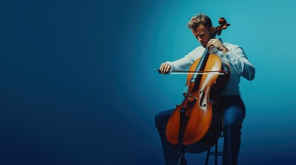Fototapeta premium a man engrossed in playing the cellos, positioned to the left of the frame against a solid light blue background