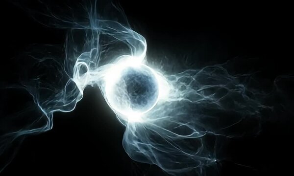 Spherical white neon energy or plasma ball with bright electric lightning streams and glowing effects on black background, VFX