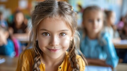 Fototapeta premium cute schoolgirl sitting at the desk, smiling, looking at the camera during the lesson