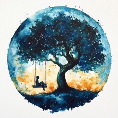 Solitude Under the Cosmic Tree: A lone figure finds solace on a swing beneath a majestic tree, silhouetted against a mesmerizing watercolor moon. 