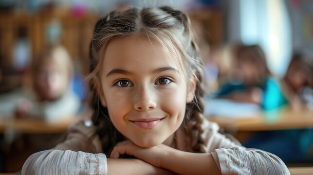 cute schoolgirl sitting at the desk, smiling, looking at the camera during the lesson
