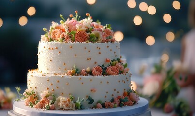 A beautifully decorated wedding cake with floral details and elegant icing, set against a soft background, romantic and luxurious