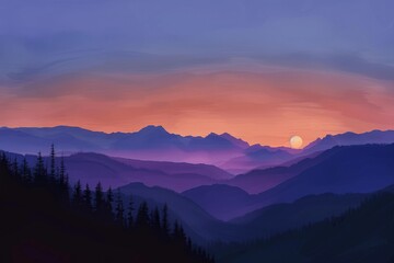 Obraz premium A beautiful mountain landscape with a bright orange and pink sky, generative ai image