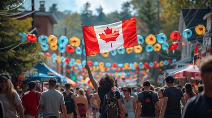 A Canadian flag held by a crowd of people celebrating Canada Day. The scene is filled with joyful faces and festive decorations